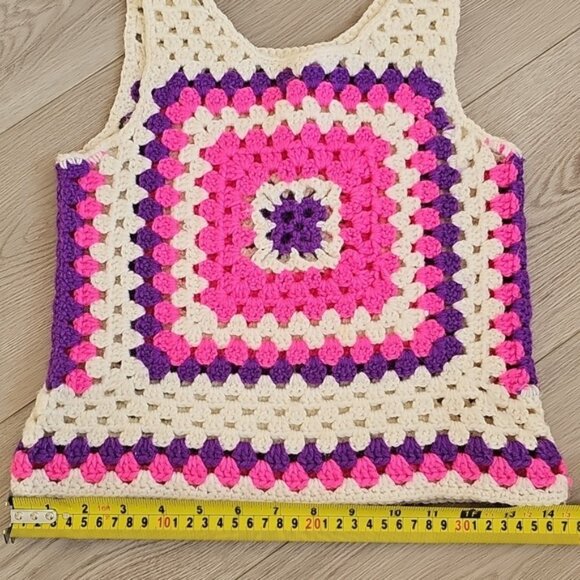 Granny Square Boho Crochet Tank Top Bright Pink And Purple Colors Youth - Picture 7 of 12